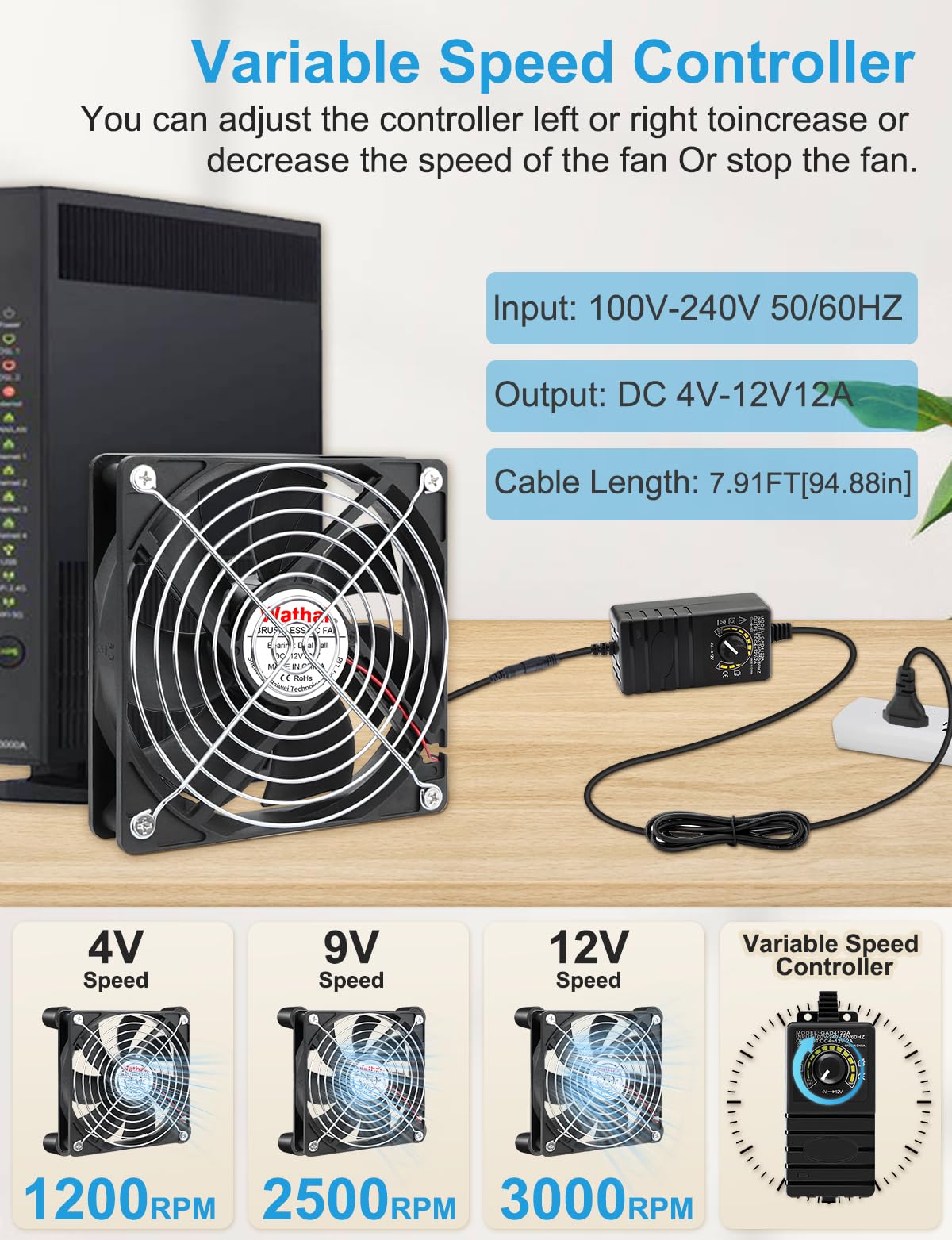 Wathai Ventilatore piccolo da 120 mm x 25 mm, IP67, 12 V, con spina AC, regolatore di velocità 220 V, 230 V, 240 V, per scatola Biltong, tenda da terra, terrario, acquario, serra