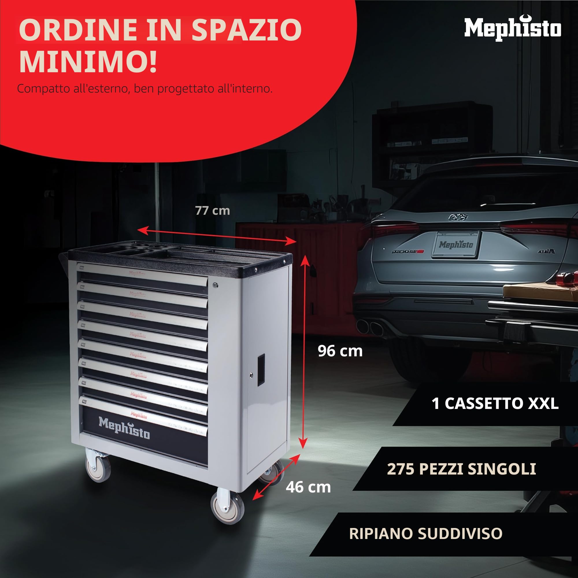 Mephisto Carrello portautensili da officina con 8 cassetti di cui 7 cassetti riempiti con attrezzi come chiavi, cricchetto con scatola di noce, cacciavite, ecc