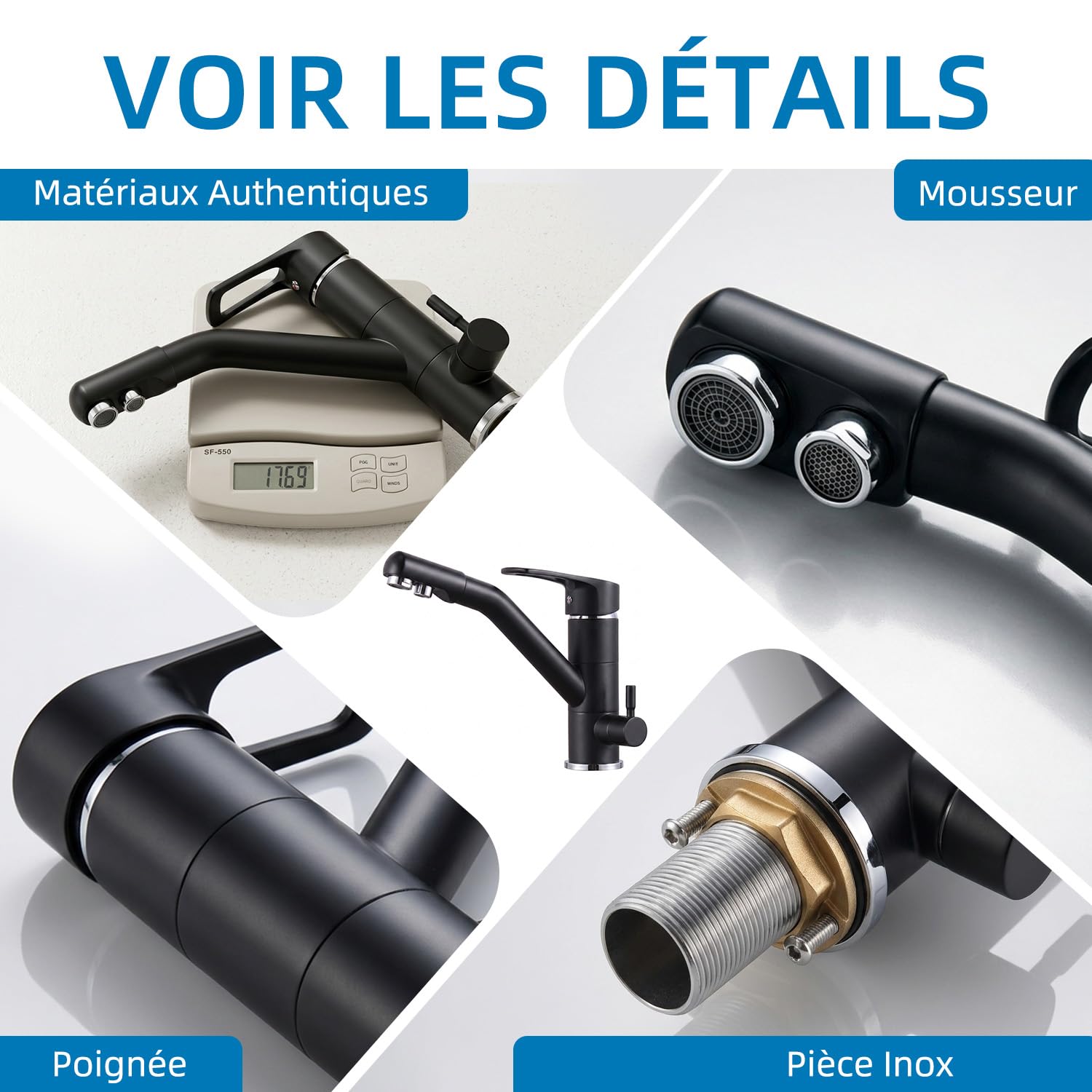 Robinet de Cuisine 3 Voies, Robinet de Cuisine Rotatif à 360°, Robinet d'évier avec Bec Flexible, G3/8 Pouces (Robinet à Triple Raccordement avec Filtre à Eau, Noir)