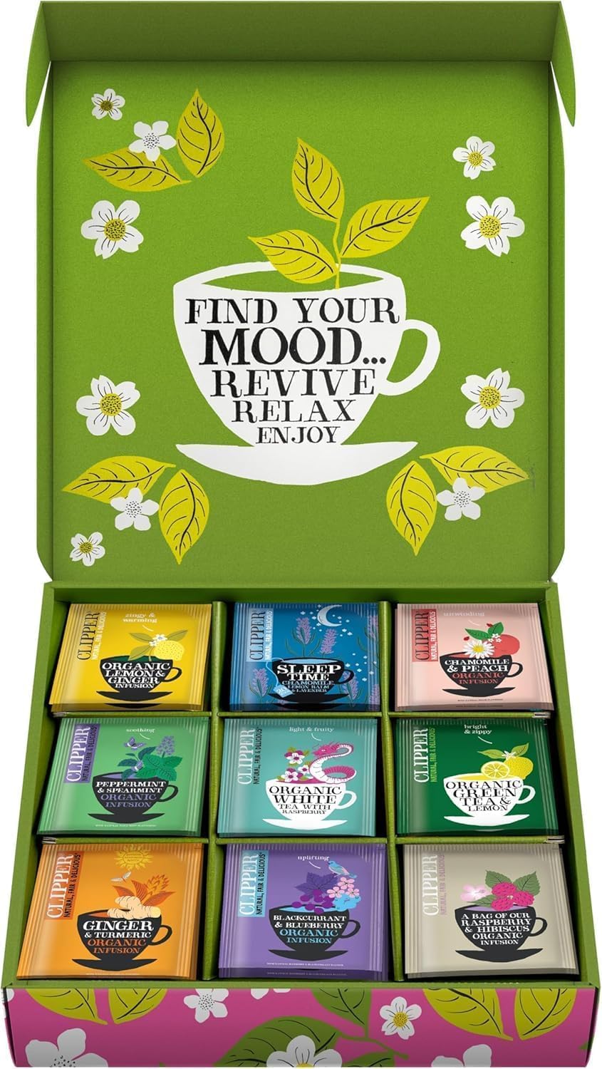 Clipper Tea Organic Herbal & Green Tea Selection Gift Box, Eco Friendly & Fair Trade, Assorted Individually Wrapped Tea Bags, 1 Sampler Box with 45 Unbleached Tea Bags