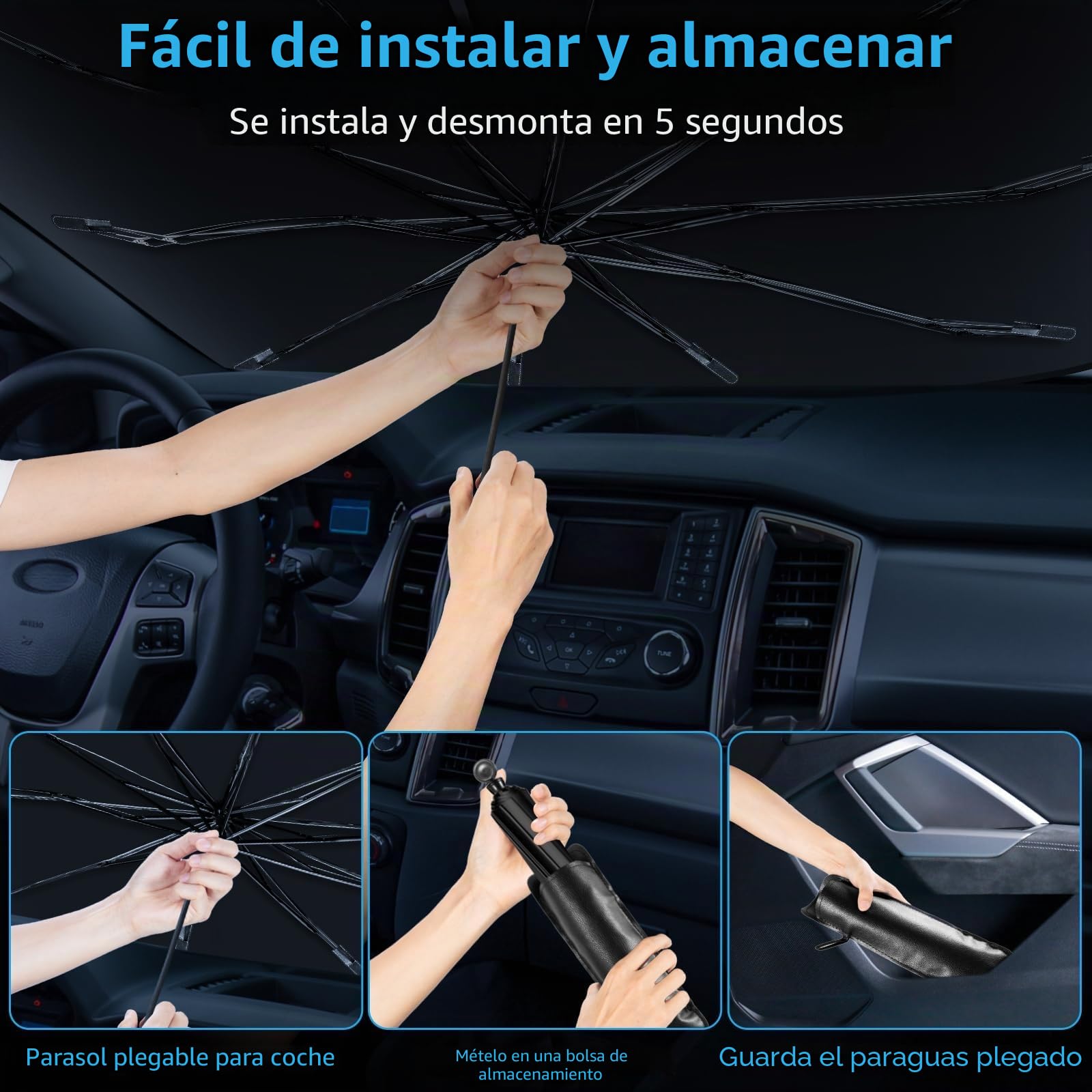 Parasol Coche Delantero,Parasol Paraguas Coche Actualizado Quitasol Coche Delantero Protección UV y Bloqueo Térmico para la Mayoría de Los Coches (145×85 cm)