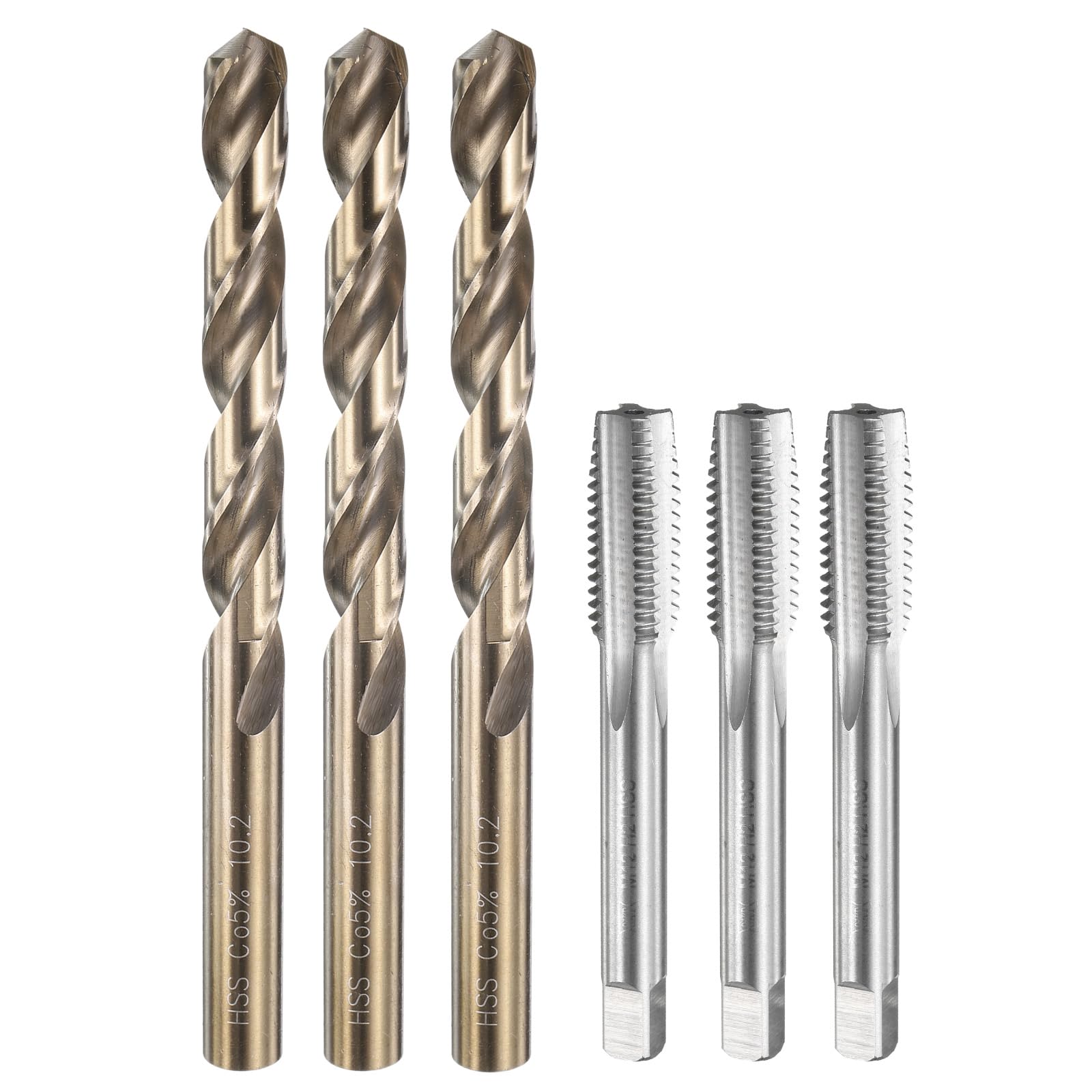 QUARKZMAN Set di Punte e Maschi per Filettare, 3pz M12 x 1.75 Metrici Maschi a Filettare a Flauto Dritto & 3pz Punte da Trapano a Spirale da 10.2mm, Non Rivestiti/Giallo Tostato HSS-6542/M35