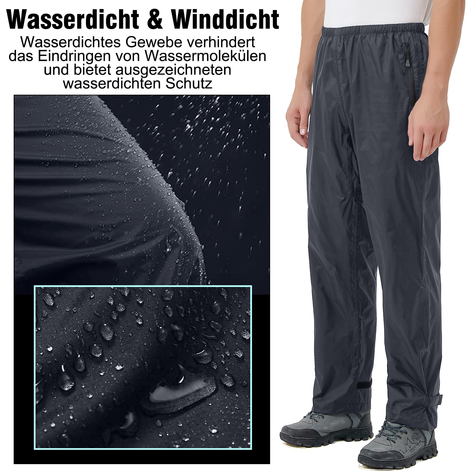 Regenhose Herren Fahrrad Leichte wasserdichte Winddichte Outdoorhose zum Wandern Camping Trekkinghose Motorrad Regenhose(1088 Grau XL)
