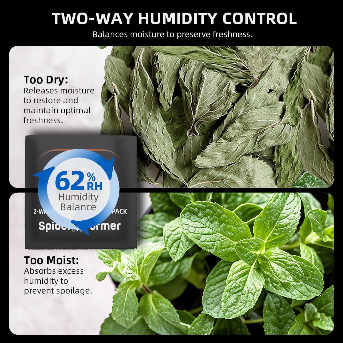 Image illustrating the two-way humidity control: showing dry leaves with a pack releasing moisture, and moist leaves with a pack absorbing humidity.