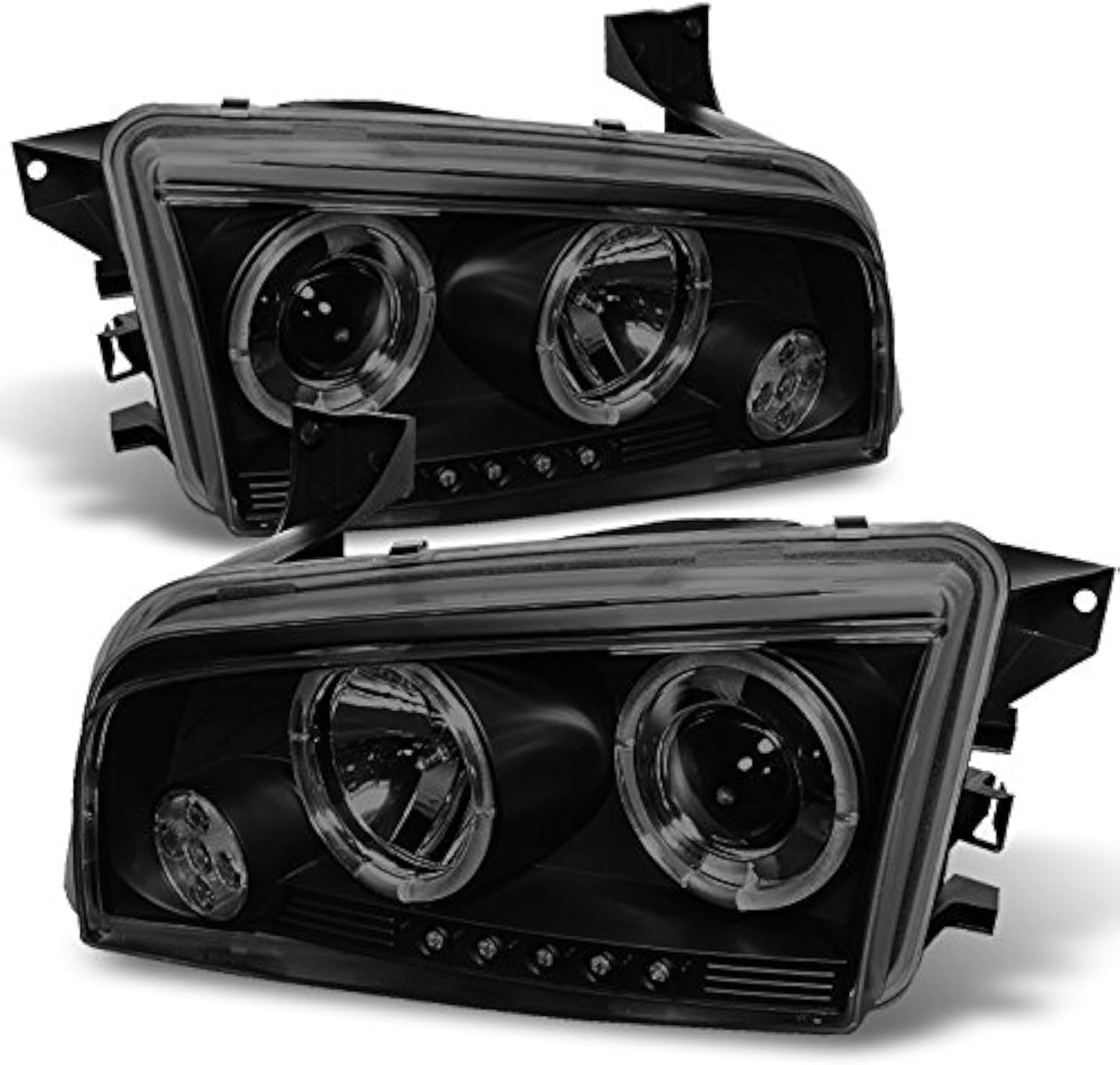 AKKON - Fits 2006-2010 Dodge Charger Black Smoked Dual Ring DRL LED Projector Replacement Headlights Left+Right Pair