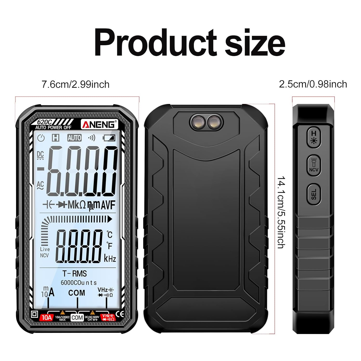 Digital Multimeter Tester, Smart Digital Multimeter 6000 Counts with Auto Ranging Digital Voltmeter Measures Voltage Current Resistance Continuity for Electricians,DIY (620C Black)