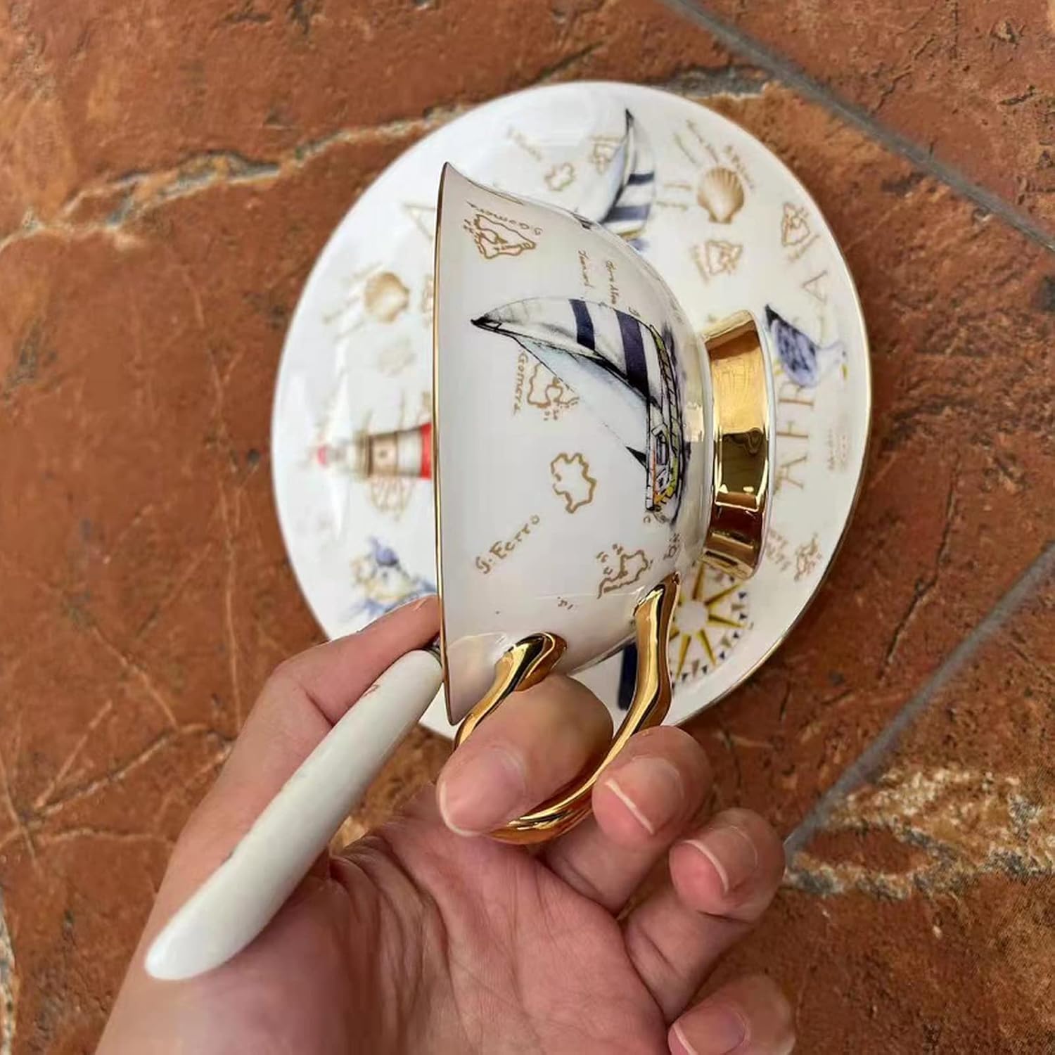 Honorable Coffee Cup Mug, Cappuccino, Tea Cup, with Saucer for Latte, Fine Bone Porcelain, Reactive Glaze, 6.8 Oz-1pcs (The Navigation Age)