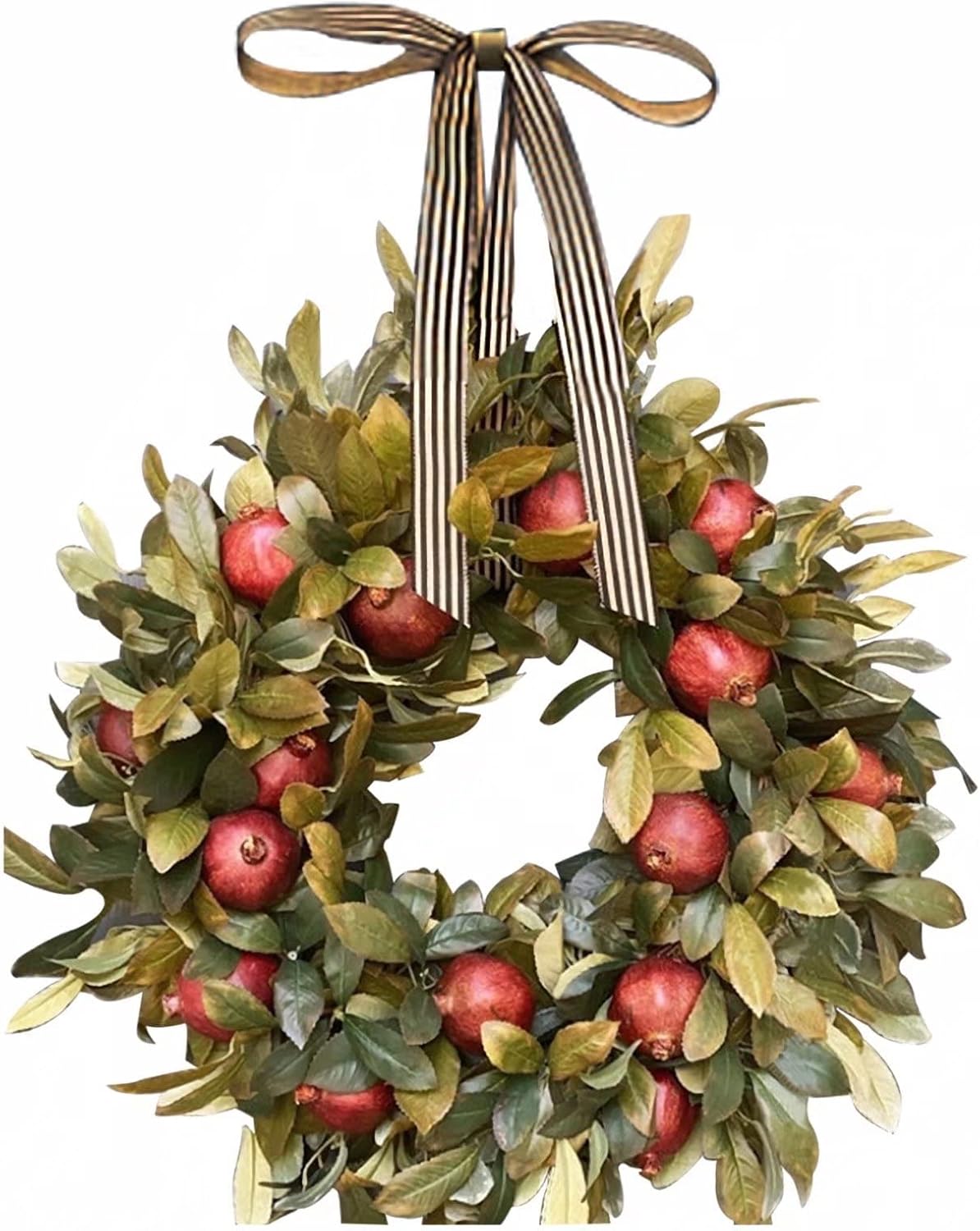 18" Thanksgiving Fall Wreath, Autumn Harvest Red Pomegranate Fruit Leaf Ribbon Wreath Holiday for Front Door Hanging Porch Home Window Wall Farmhouse Indoor Outdoor, Red Green