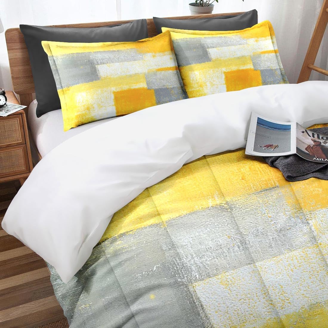 Grey Yellow Painting Gray Yellow Comforter Set King Size, Office Contemporary Abstract Soft Bedding Set for Girls Teens Kids Boys Adults Bedroom Bed Decor,1 Quilt 2 Pillow Cases