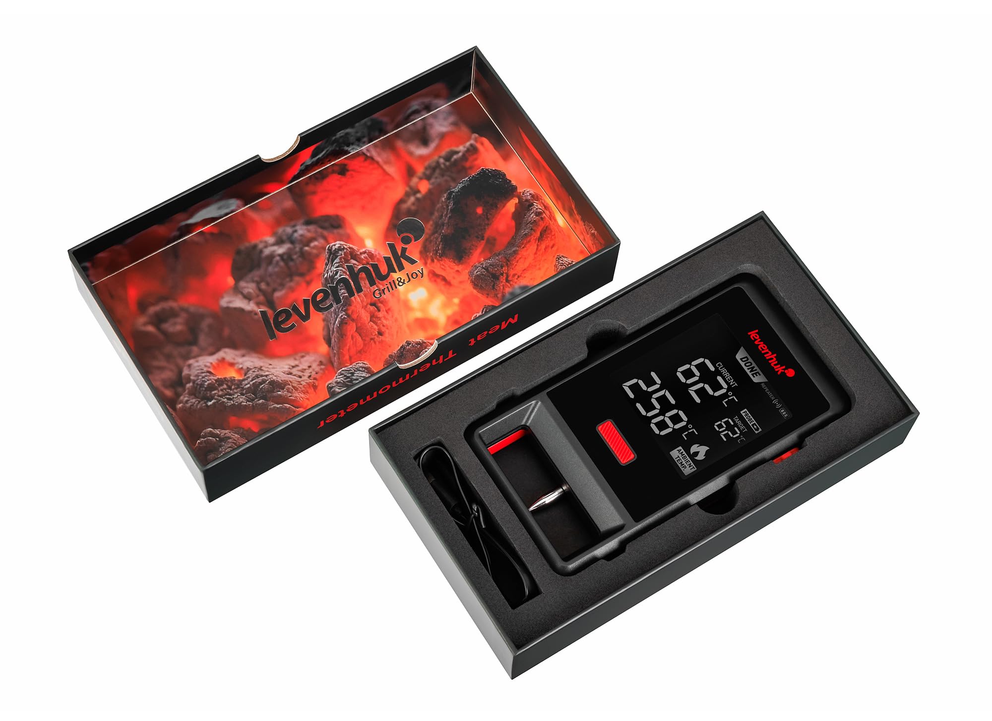 Levenhuk BT30 BT30 bezprzewodowy termometr do mięsa z cyfrową sondą do natychmiastowego odczytu, LCD, timerem i alarmem, kompatybilny z aplikacją Bluetooth, BBQ, piekarnikiem, grillem i wędzarnią