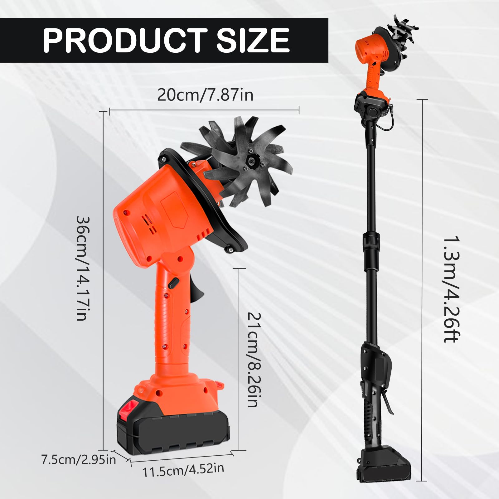 Motoazada Bateria, 21V Motocultor Electrico con 2 Baterías 3000mAh y 1,3m Mango Azadas para el Huerto con 4 Cuchillas de Metal 10cm Ancho de Trabajo 10cm Profundidad de Trabajo 235rpm Velocidad