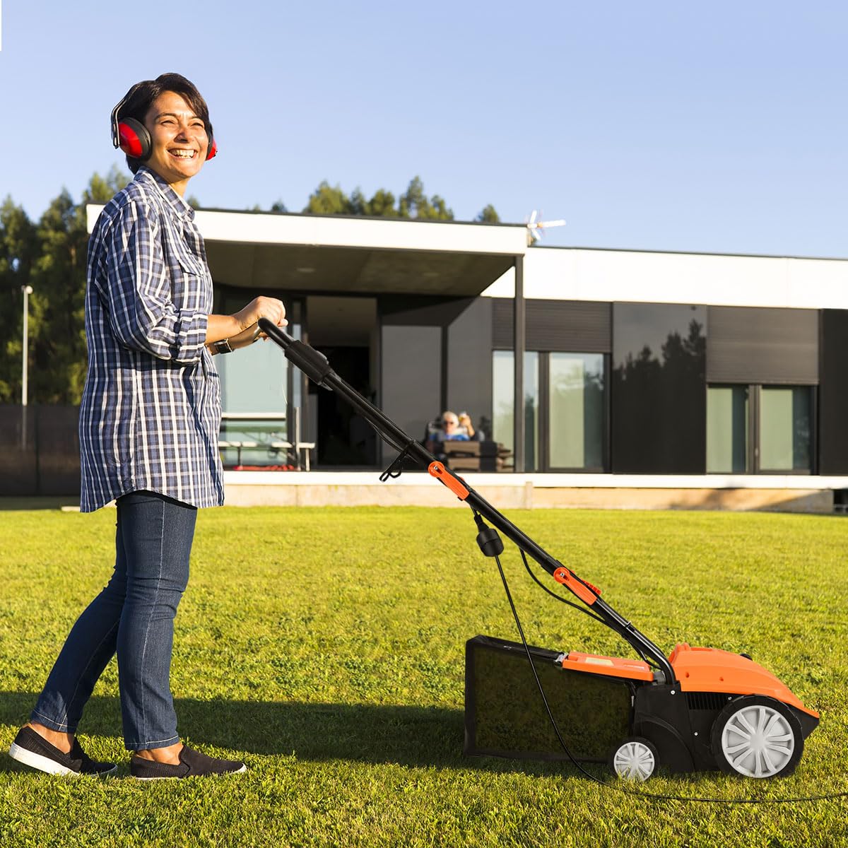 COSTWAY Escarificador Eléctrico 2 en 1, Aireador de Césped con Cable de 12 Amperios, Capacidad de Bolsa 30L, Desmalezador Ajustable de 3 Posiciones y 2 Cuchillas Extraíbles (40L, Naranja)