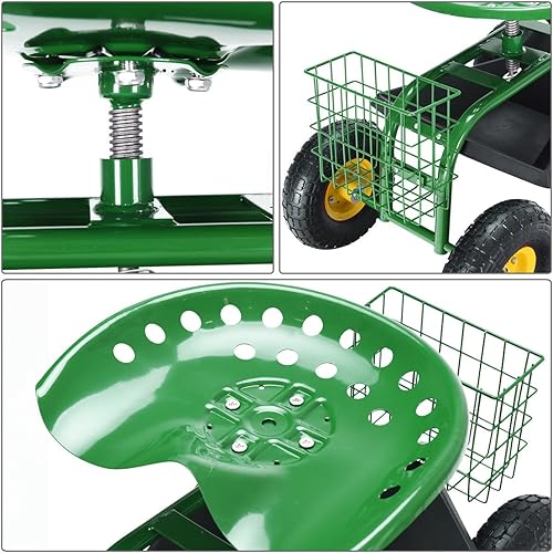 Miniatura 7 de Giantex Asiento de trabajo de jardín rodante, asiento de trabajo de jardinería giratorio 360 con ruedas, cesta de herramientas, altura ajustable,