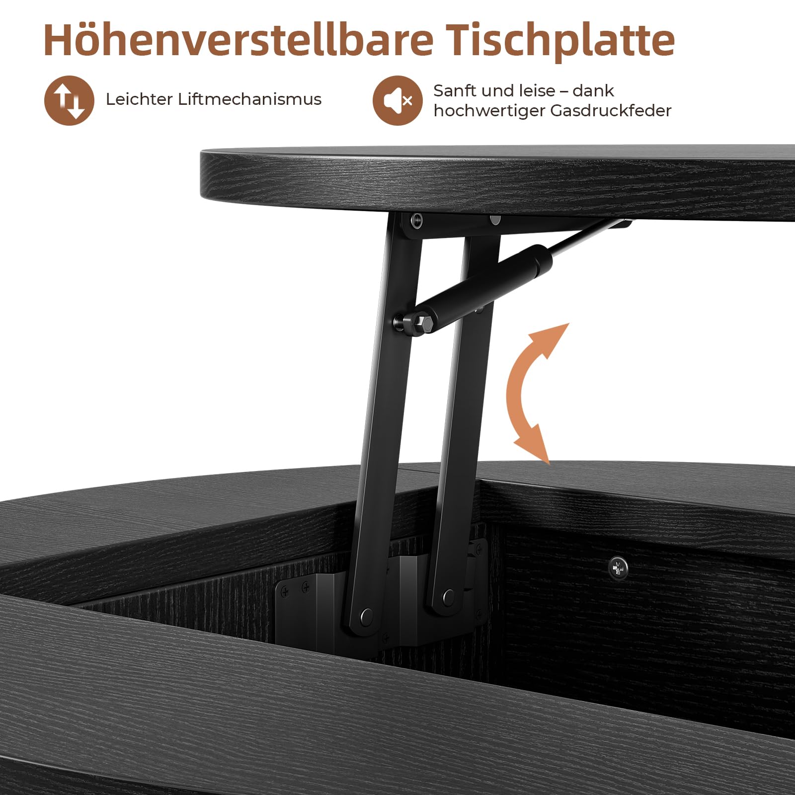 60cm Rund Couchtisch, Höhenverstellbar Wohnzimmertisch mit Verstecktem Stauraum & Hebeplatte, Moderne Hölzerne Akzent Mitte Tisch, Kaffeetisch, Sofa Beistelltisch für Wohnzimmer, Schwarz