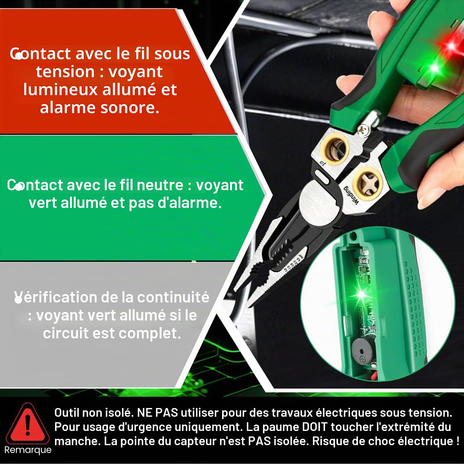 Pince à Dénuder 8 en 1 avec Testeur de Tension | Outil Multifonction Électricien pour Couper, Câbler, Tirer les Fils | Ciseaux à Câble avec Détection de Sécurité
