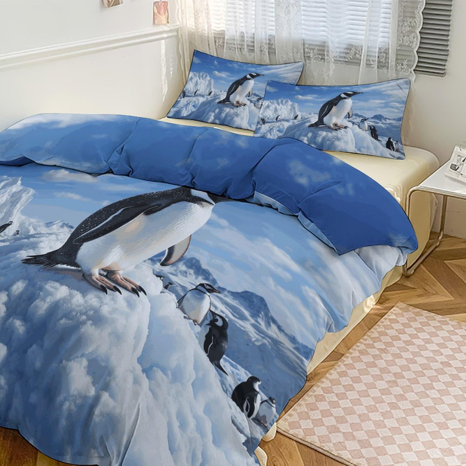 Parure de lit 3 pièces pingouin et montagne enneigée couette grand lit 228x228 cm