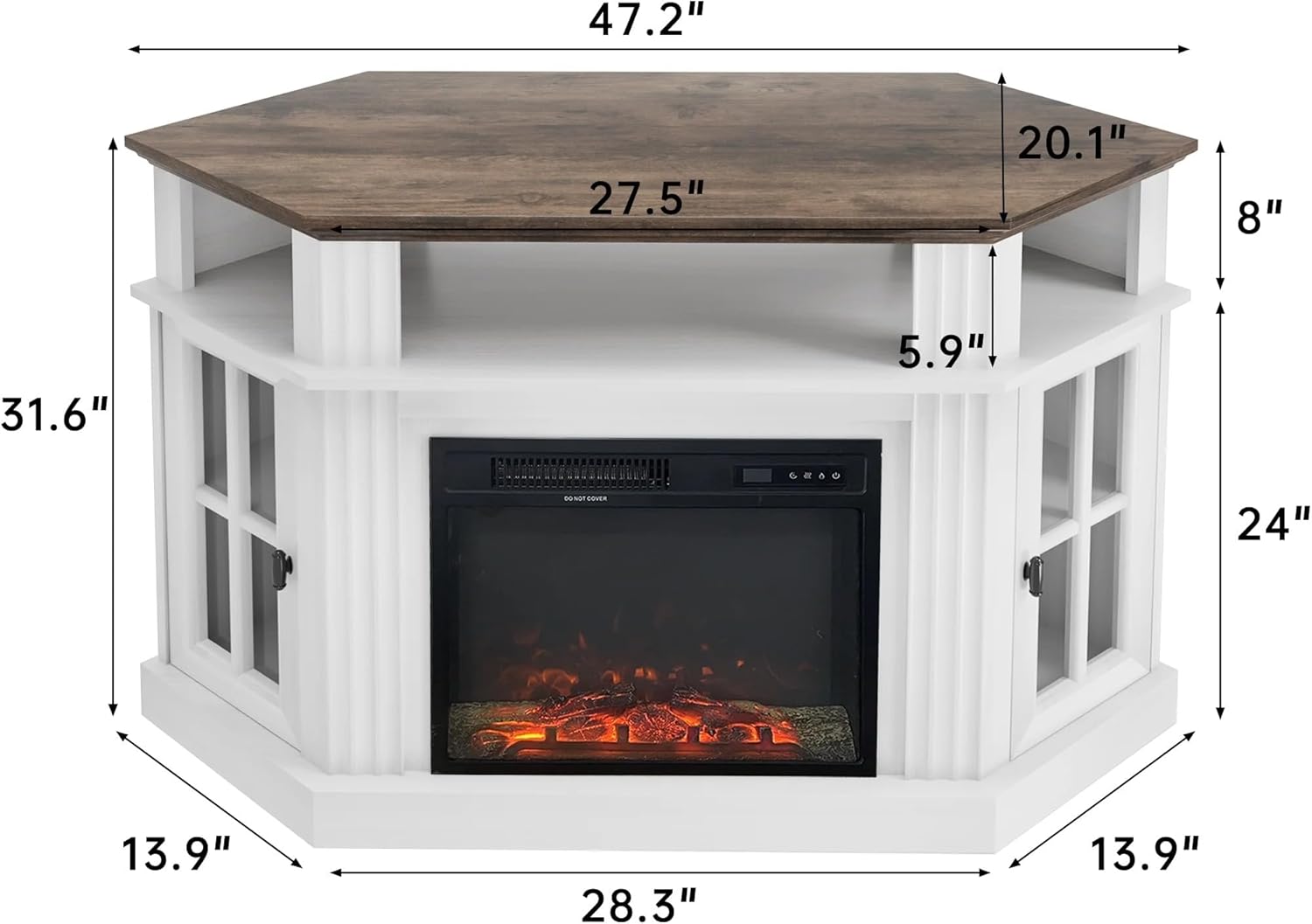Diagram showing the dimensions of the Flamaker Fireplace Corner TV Stand.