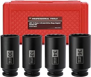 Mayouko 4PCS 1/2" Drive Deep Axle Nut Impact Socket Set, CR-MO, 12 Point Design, Metric, 30,32,34,36mm, 1/2 Inch Extra Deep Impact Socket