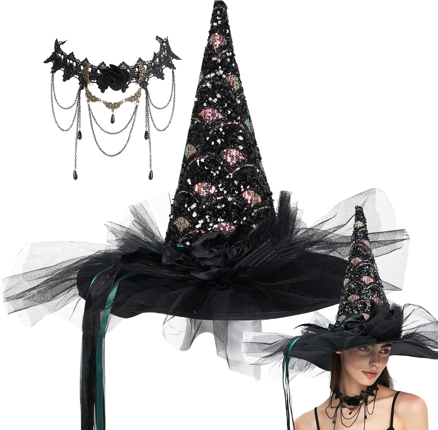 Deluxe Witch Hat for Women with Gothic Necklace, Elegant Sequin Costume Accessory for Halloween & Cosplay