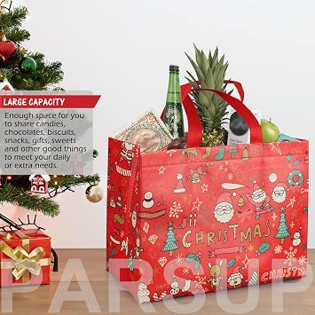 4PCS Christmas Bags for Gifts, Tote Bags with Handles, Christmas Treat Bags, Non-Woven Christmas Bags for Gifts Wrapping Shopping, Xmas Party Supplies