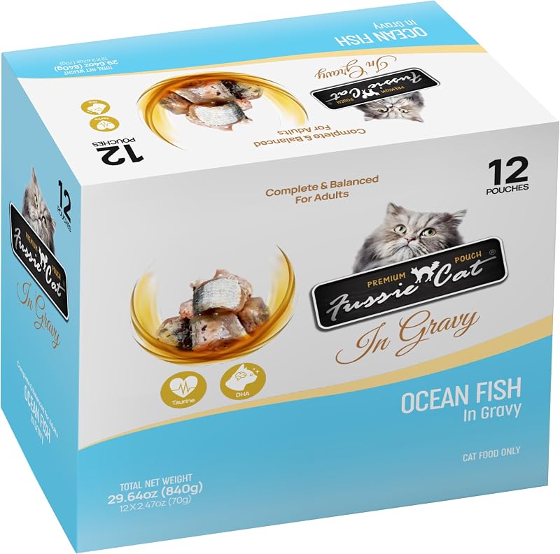 Ração úmida para gatos adultos Fussie Cat Premium Ocean Fish em molho, 68 g — Pacote com 12