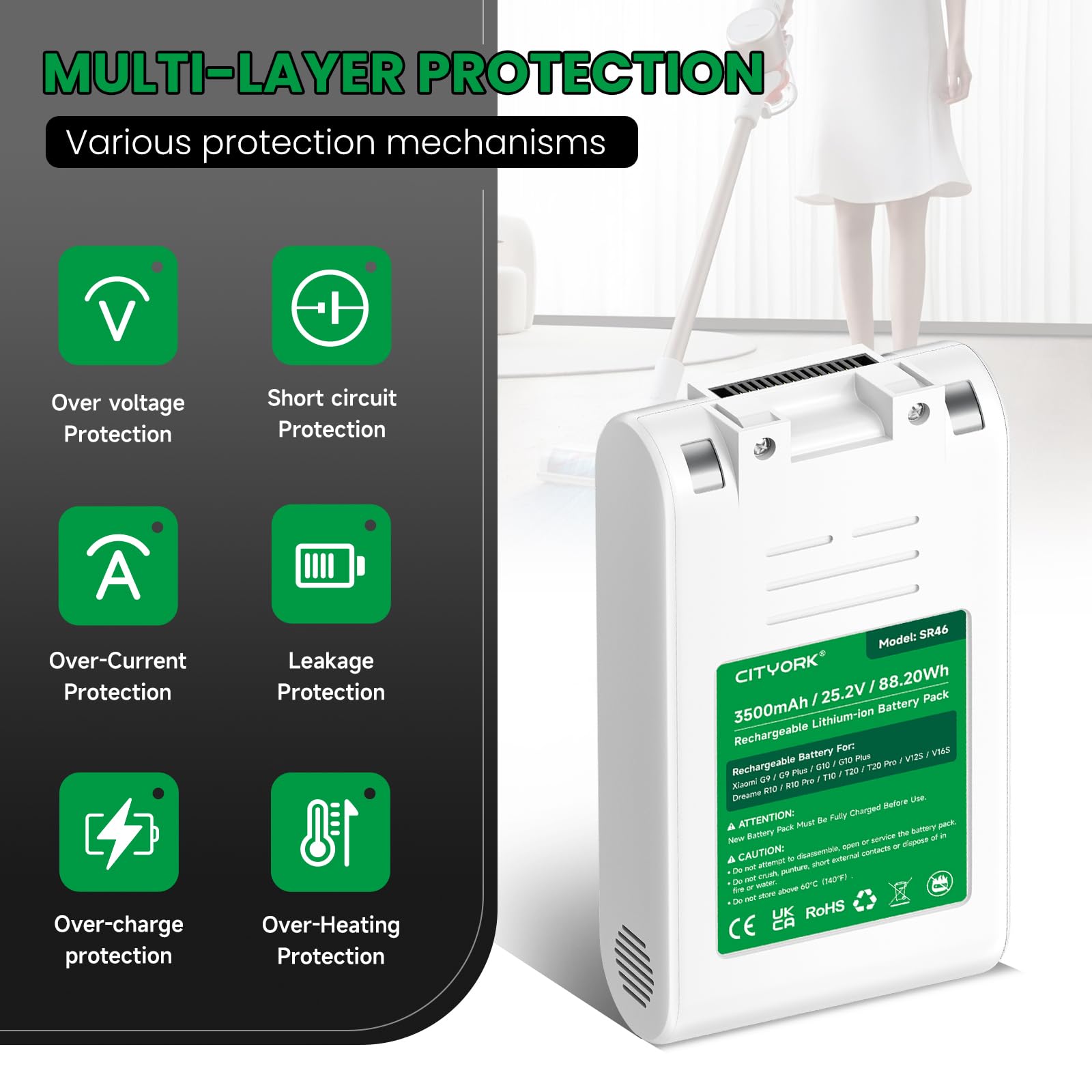 CITYORK Batterie d'aspirateur 25,2 V 3500 mAh pour Xiaomi G9, G9 Plus, G10, G10 Plus, batterie de rechange pour aspirateur Dreame R10, R10 Pro, T10, T20, T20 Pro, V12S, V16S