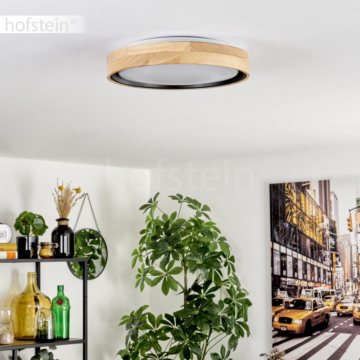 Plafonnier LED Melstad, dimmable en bois/métal/plastique en naturel/blanc, dimmable par télécommande, 2700-6500 Kelvin, 1900 Kelvin, LED 18 Watt, (Ø 30cm), également pour salle de bains, IP44