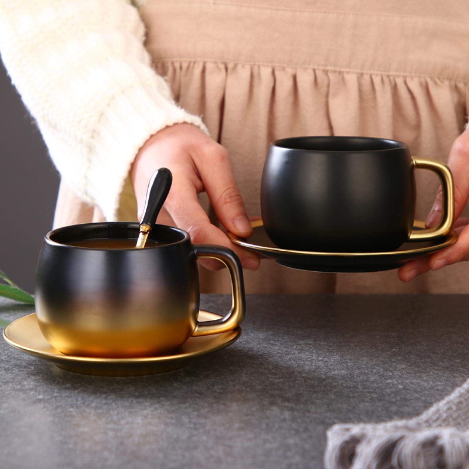 Tazze da caffè moderne di lusso opaco nero oro marmo ceramica tazza caffè caffè tazza piattino bicchiere coppia latte tazze di tè - Champagne