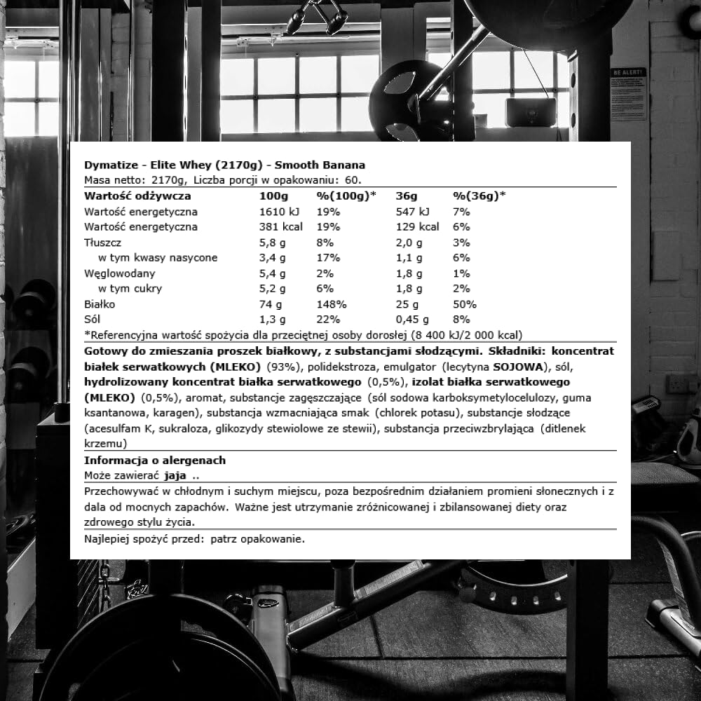 Dymatize Elite 100% Whey Smooth Banana 2170g - wysokobiałkowy proszek o niskiej zawartości cukru + białko serwatkowe i BCAA