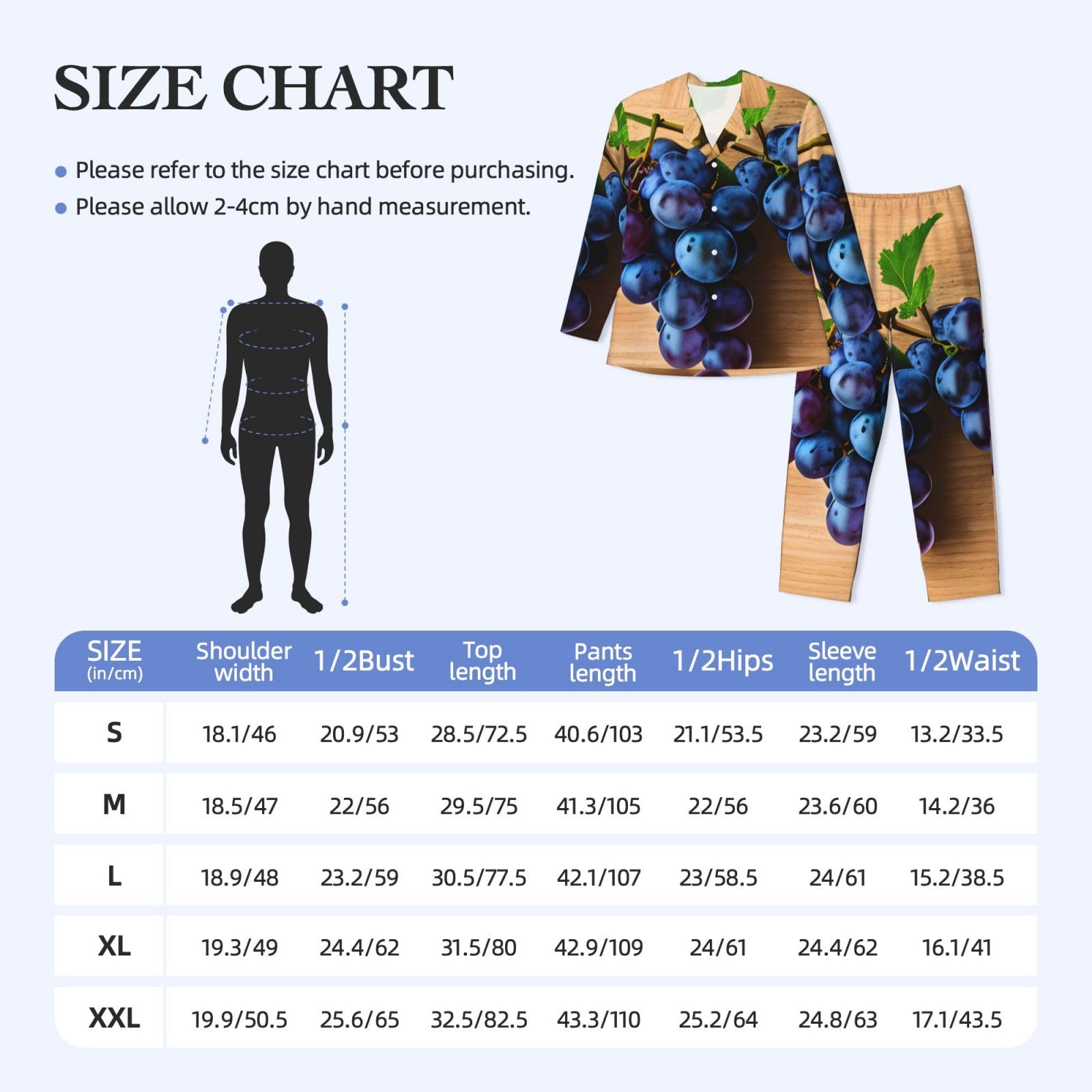 Herren-Pyjama-Set, langärmelig, Traubenmuster, zweiteilig, bequem, Nachtwäsche