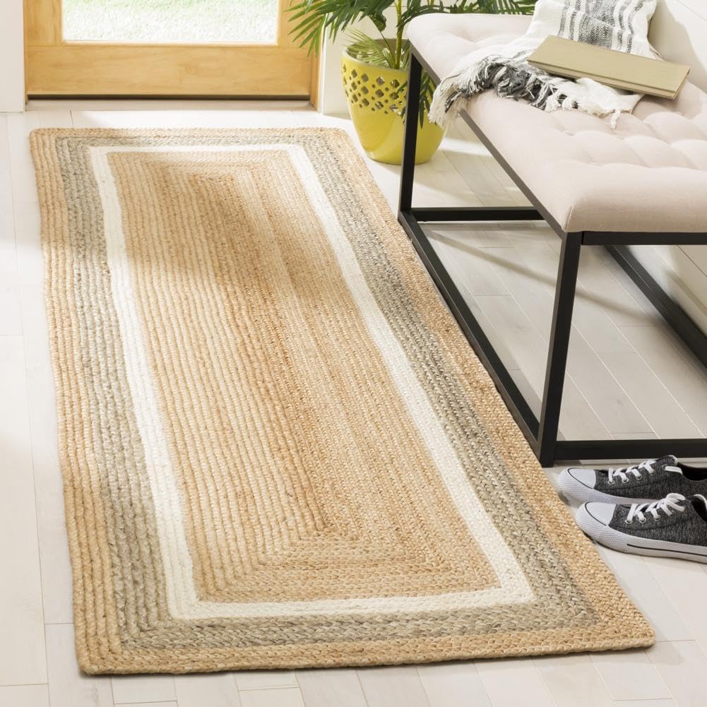 SAFAVIEH Natural Fiber Collection Accent Rug - 4' x 6', Natural & Grey & Ivory, Handmade Farmhouse Boho Rustic Braided Jute, Ideal for High Traffic Areas in Foyer, Living Room, Bedroom (NF883B)