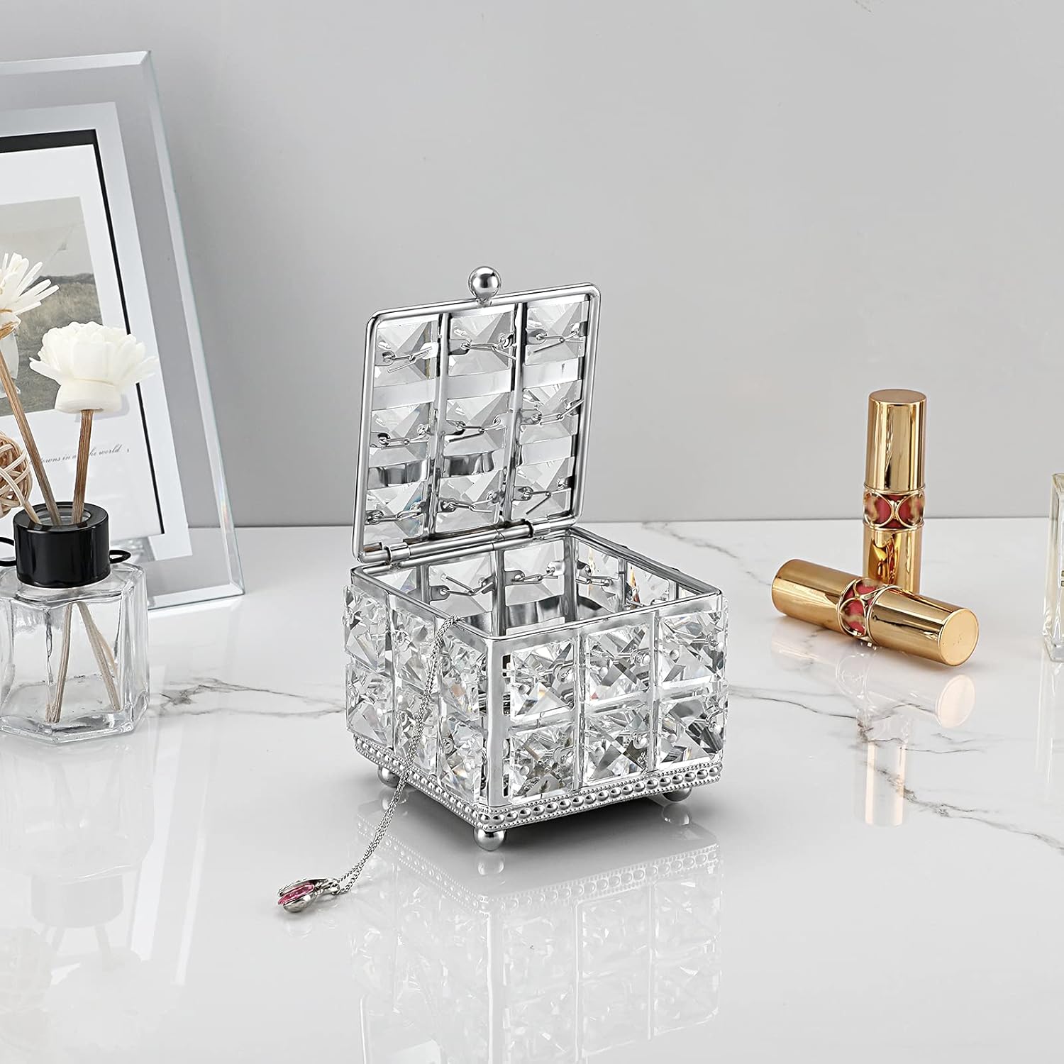 ELLDOO Crystal Jewelry Box Square Trinket Organizer with Lid Earrings Rings Vintage Treasure Keepsake Box for Valentine Wedding Dresser Bedroom Decoration, Silver - Image 3