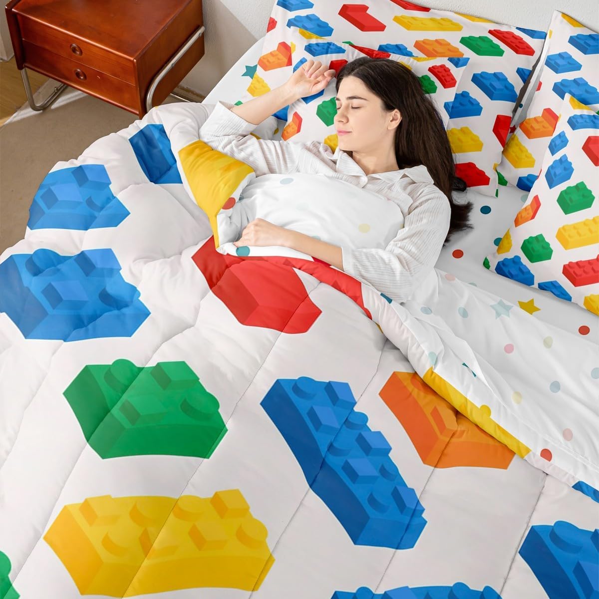 Feelyou Building Blocks Comforter Set with Sheets, Gaming 7 Piece Bedding Set for Kids Boys Girls Teens Toy Brick Bed Set Includes Comforter, Sheet Set, Pillowcases & Pillow Covers King Size Colorful