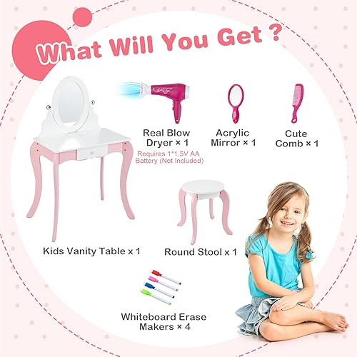 Miniatura 8 de KOTEK Vanidad 2 en 1 para niños, juego de tocador para niñas con espejo giratorio de doble cara y taburete, tocador rosa con cajón y accesorios para