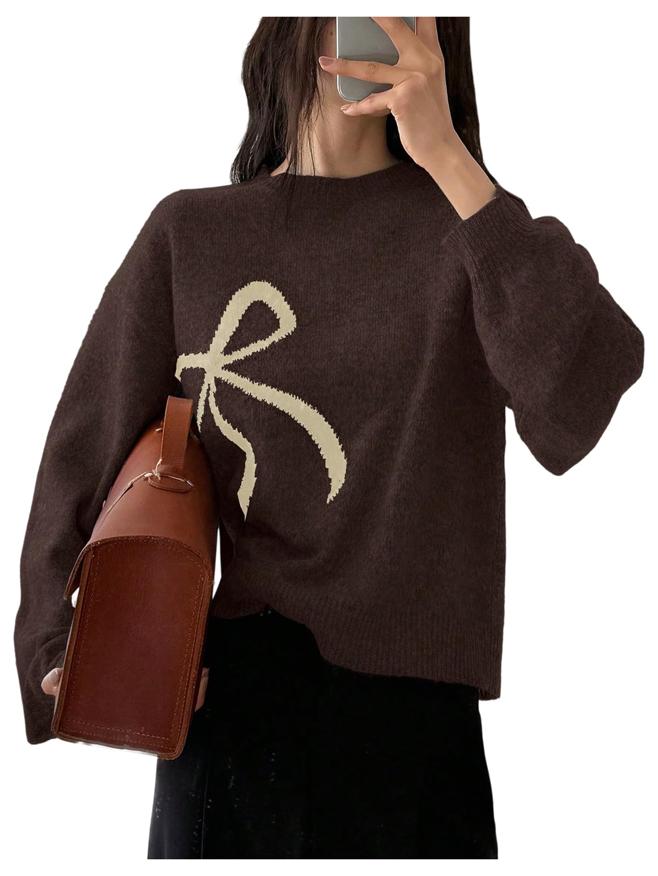 GORGLITTER Womens Bow Printed Sweater Tops Fall Casual Trendy Long Sleeve Crew Neck Winter Knit Christmas Sweaters