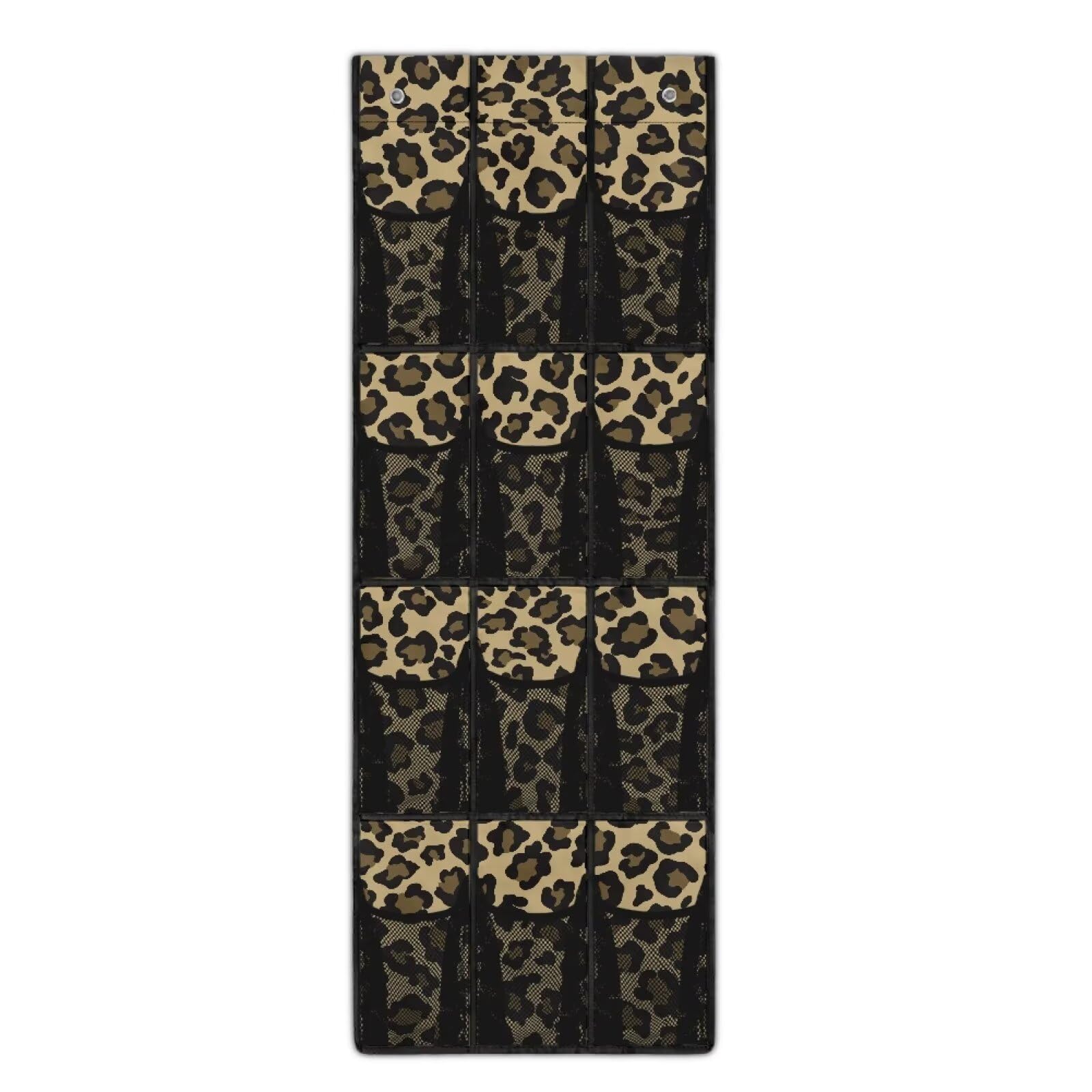 Sellikakes Leopard Over The Door Shoe Organizer Space Saving Foldable Hanging Storage Holder 12 Mesh Pockets for Bathroom Bedroom