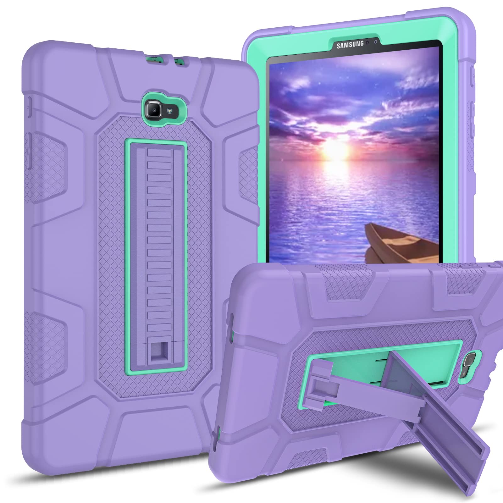 GUAGUACompatible with Samsung Galaxy Tab A 10.1 2016 Case SM-T580 T585 T587 Kickstand 3 in 1 Hybrid Heavy Duty Rugged Shockproof Protective Anti-Scratch Case for Galaxy Tab A 10.1 2016 Purple/Green