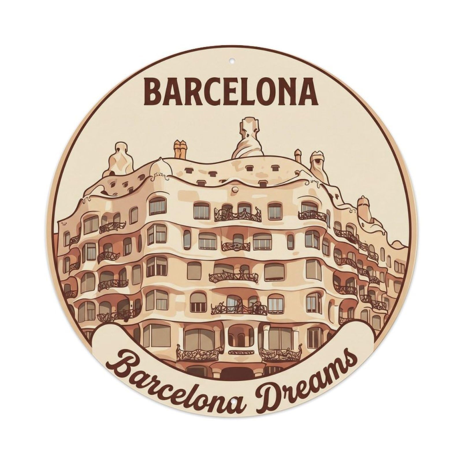 Classic Barcelona Cityscape Casa Mila Modernist Monument Travel Metal Tin Sign Plaque Wall Decor for Cafe, Man Cave, Club Bar, Office, Home Garden Round Metal Poster 8x8Inch