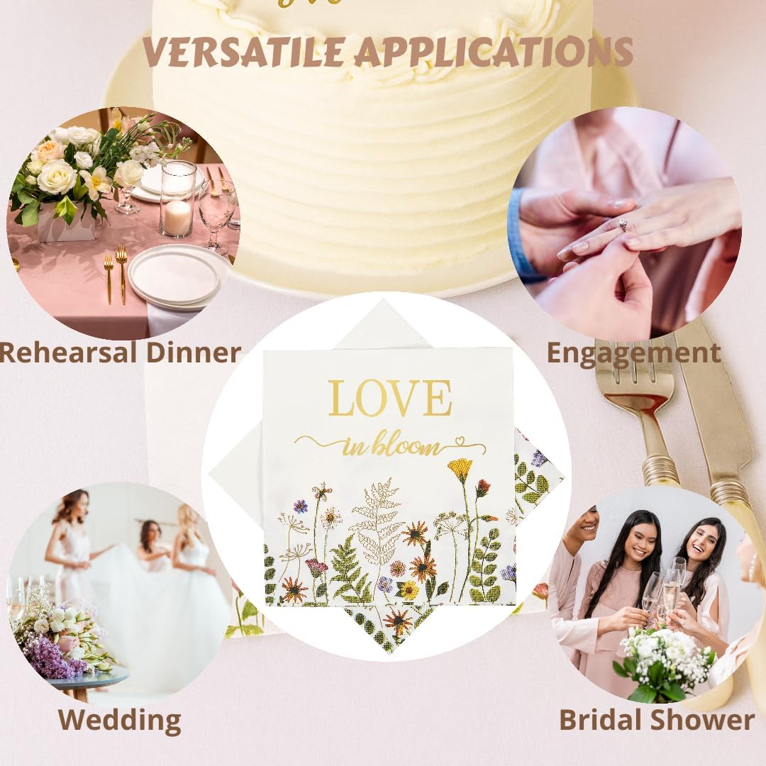 Ottin 50-Pack Floral “Love in Bloom” Valentine's Cocktail Napkins 5x5 Inch – 3-Ply Wildflower Paper Napkins for Bridal Shower, Engagement, Wedding, Birthday, Baby Shower, Mother's day
