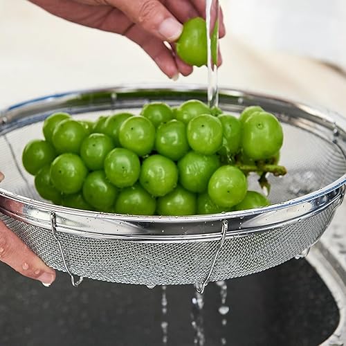 Miniatura 6 de Colador de malla fina para cocina, cuenco colador de acero inoxidable para pasta, arroz, fruta, cestas de red de metal con base de descanso,