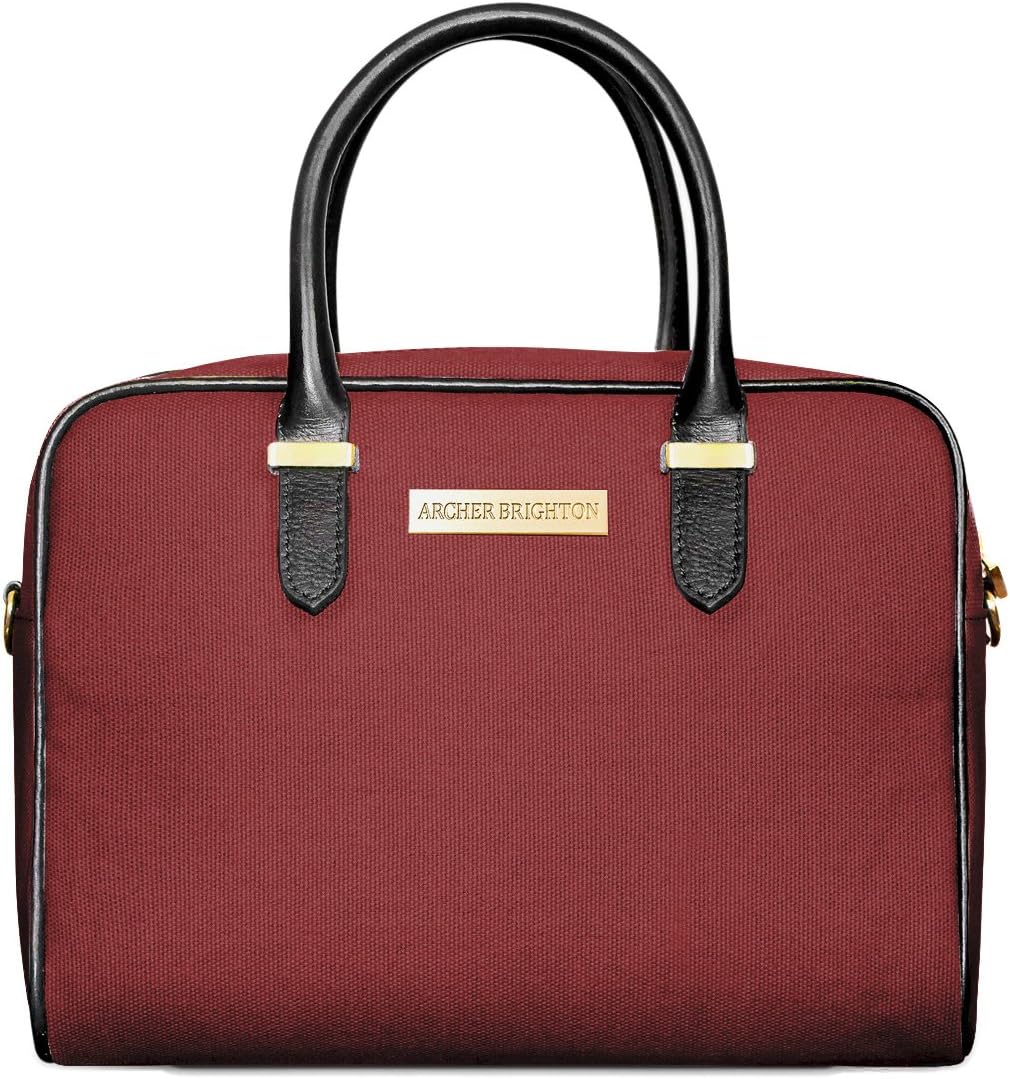 Archer Brighton Sophie Insulated Lunch Box Tote Bag. Adult Women's Professional Leather Canvas Lunch Cooler Bag for Office, Picnics & Travel - Waterproof with Adjustable Crossbody (Red)