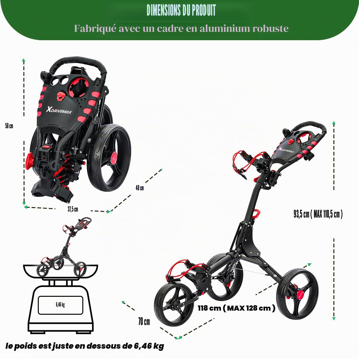XDriveMax GC408 - Chariot de golf pliable à 3 roues - Léger - Pour clubs de golf et sac de golf - Avec porte-gobelet, porte-carte de score et compartiment de rangement - Rouge