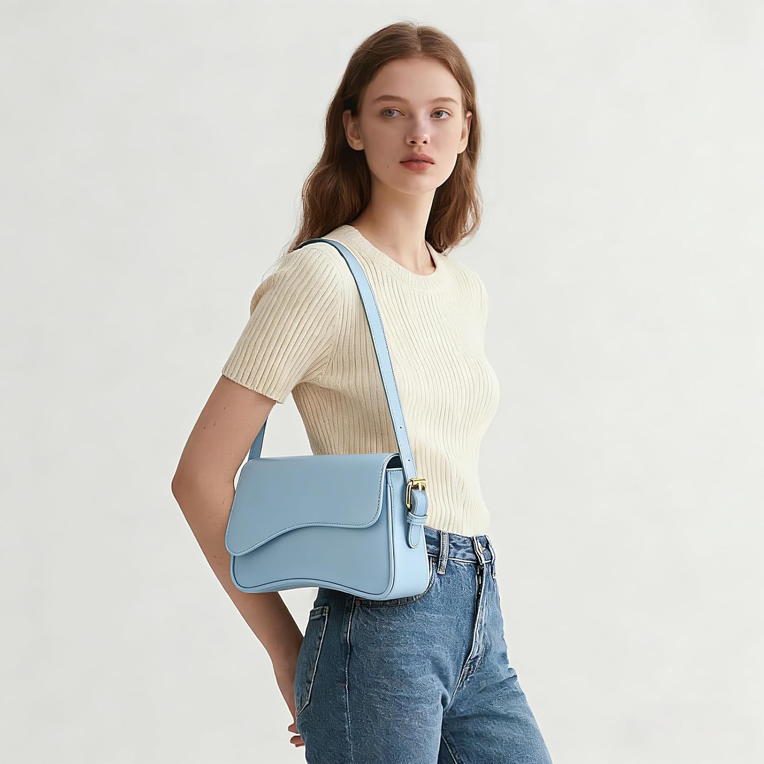 Amszke Shoulder Bag for Women Y2K Crossbody Purse PU Leather Underarm Handbag 2 Adjustable Strap for Daily Commute Travel