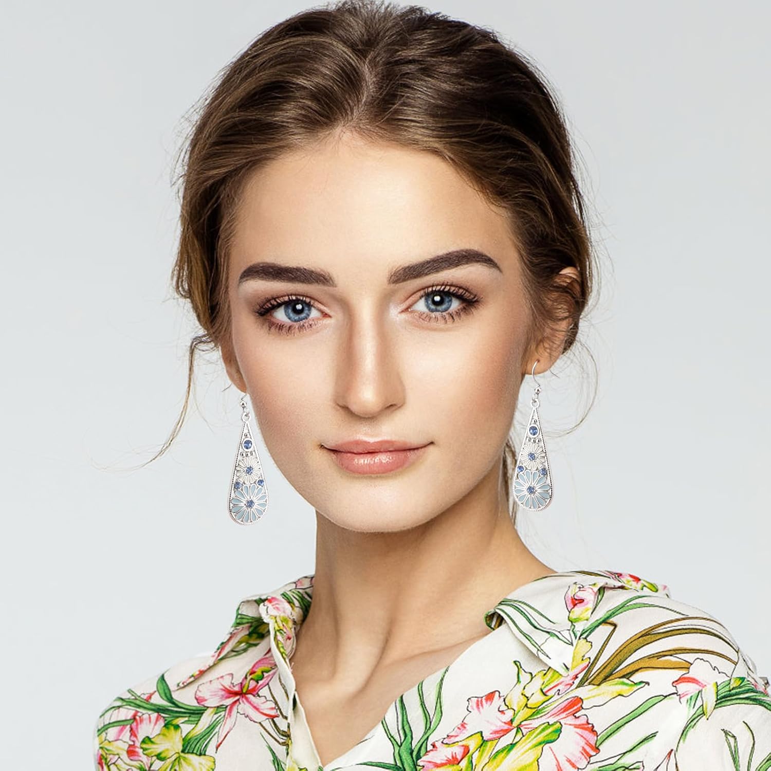 1 Pair of Bohemian Teardrop Earrings, Enamel Flower Hook Earrings Western Country Leather Vintage Handmade Drop Dangle with Rhinestone for Women Daily or Party Wear Accessories (Sky-Blue) - Image 5