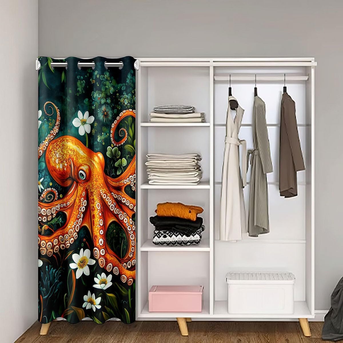 Erosebridal Octopus Blackout Curtain 34" W X 80" L for Bedroom,Nautical Ocean Sealife Door Curtain for Doorway Privacy,White Daisy Flower Door Drape Wall Room Decor,Wildlife Room Divider Curtain
