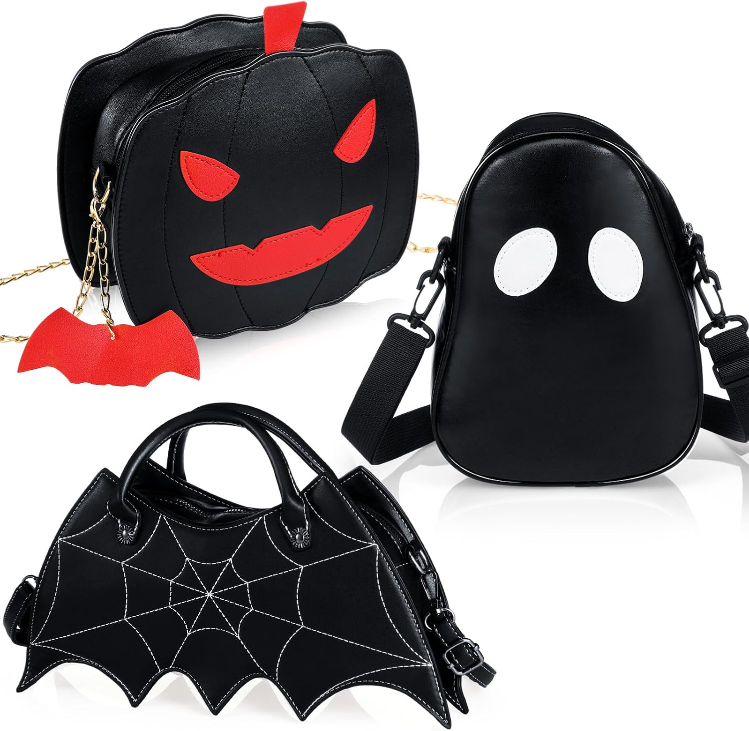 Hillban 3 Pcs Halloween PU Leather Bat Spider Web Shoulder Bag