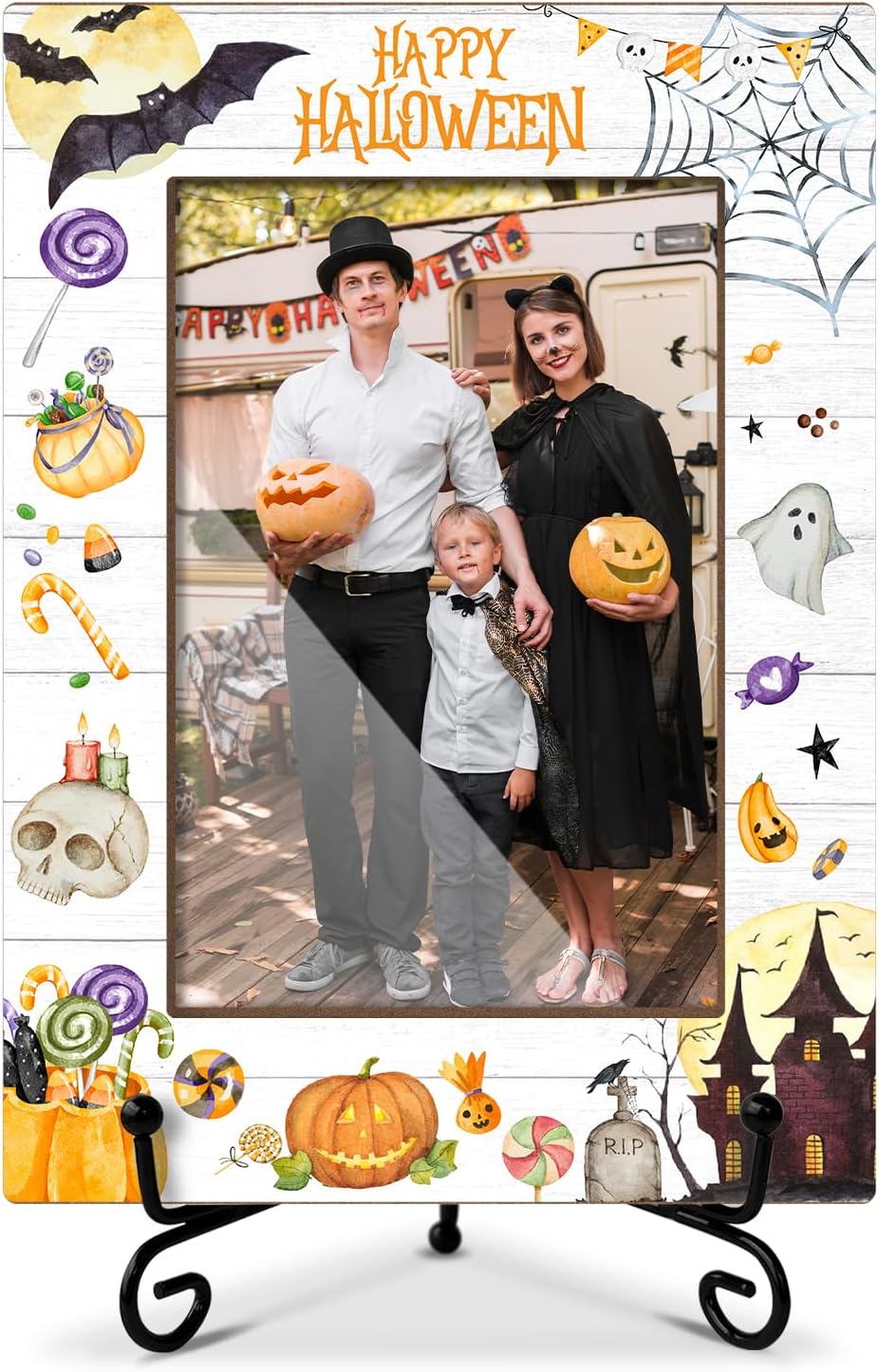 Happy Halloween Picture Frame, Pumpkin Ghost Wooden Picture Frame With Stand, Halloween Gifts Photo Frame 4 x 6 for Desktop Display, Home Office Bedroom Decor -wsj03