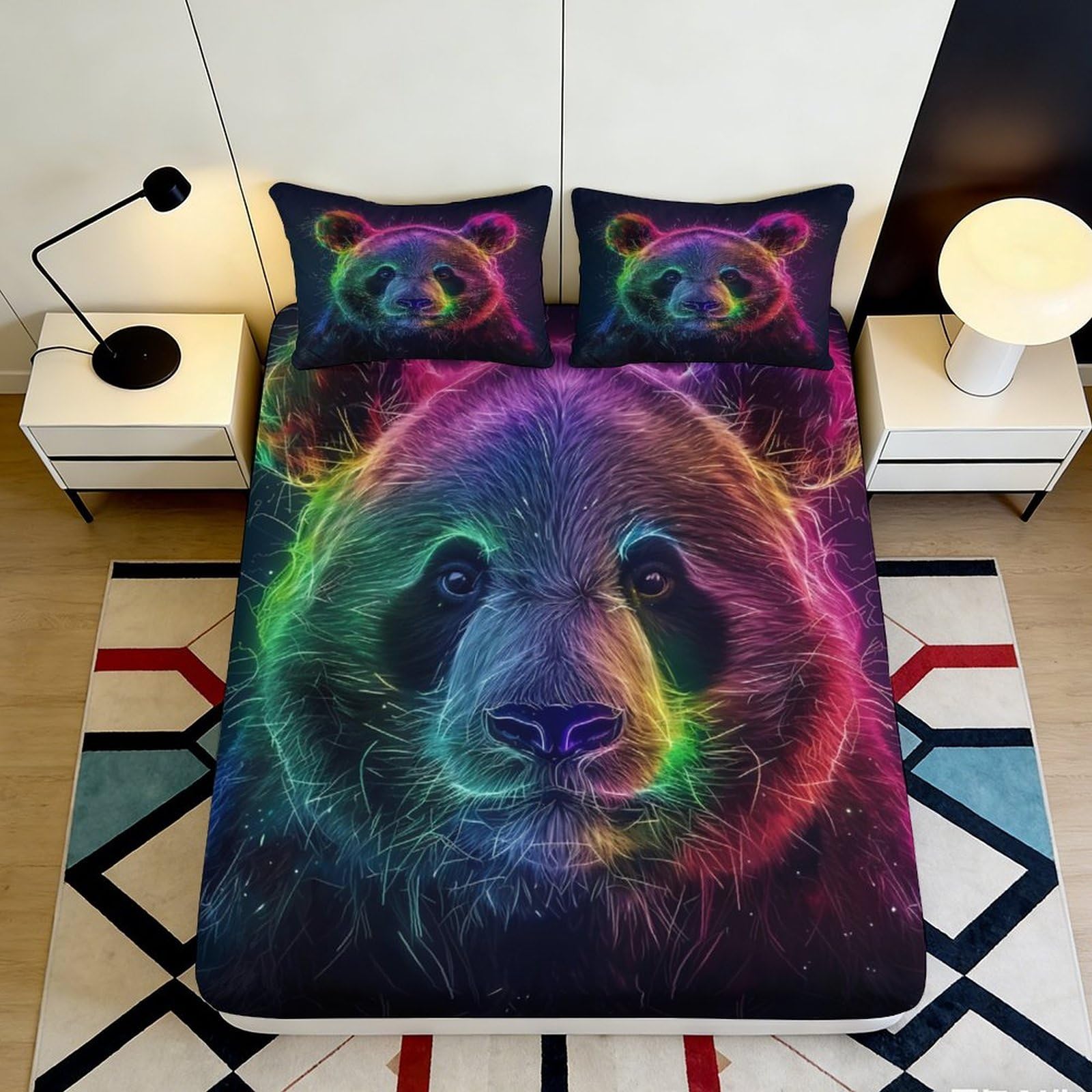 3D Printed Panda Pattern Fitted Sheet Microfiber Non-Slip Deep Pocket Bedroom Panda Mattress Fitted Cover Washable 200x200x25cm