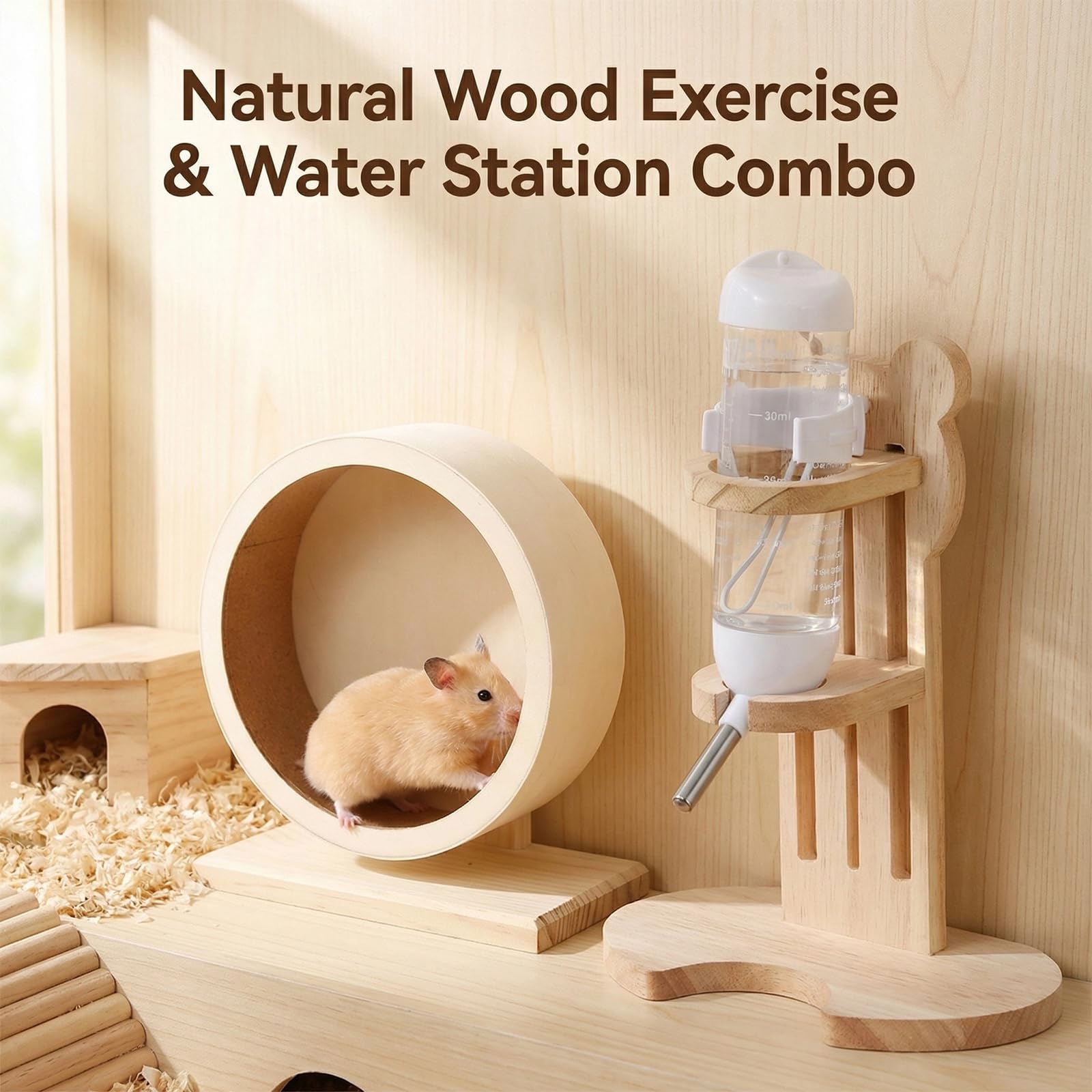 Juego de 2 botellas de madera para hámster con soporte, 20 cm, rueda de hámster de madera, botellas de agua de 125 ml, rueda silenciosa con rodamiento de bolas para animales pequeños, hámsters