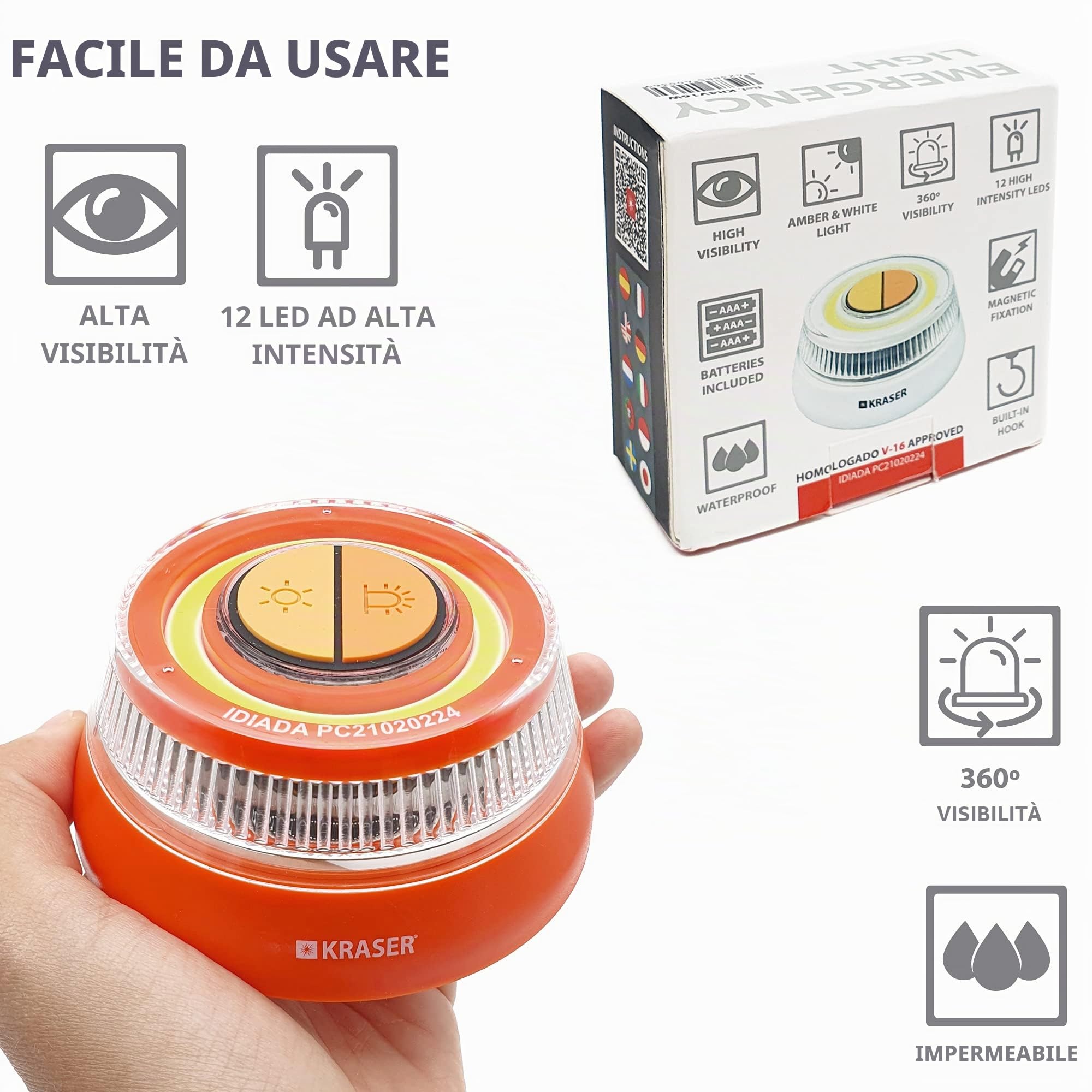 KRASER KR4V16NP4 4 Luce di Emergenza Auto Segnalazione Avviso Luminoso Autostrada Faro Illuminazione, Lampada Lampeggiante LED Stroboscopica di Intensità, Magnetica Omologata, Autonoma Torcia